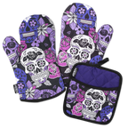 Sugar Skull Purple Oven Mitts And Potholder Set