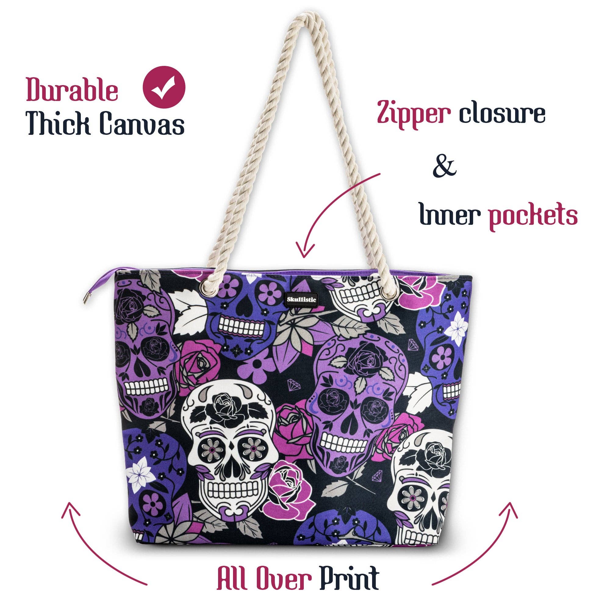 Skullistic Sugar Skull Purple Shoulder Beach Bag